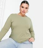 Asos Design Curve Ultimate Slim Fit T-shirt With Long Sleeves In Cotton In Khaki-green