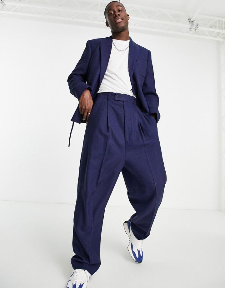 Asos Design High Waisted Balloon Wool Mix Twill Suit Pants In Navy