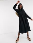 Asos Design Midi Shirt Smock Dress With Tiering And Puff Sleeve In Black
