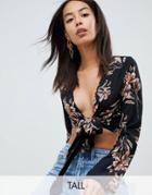Missguided Tall Floral Tie Front Top - Black