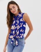 Brave Soul Tie Front Shirt In Floral Print - Navy
