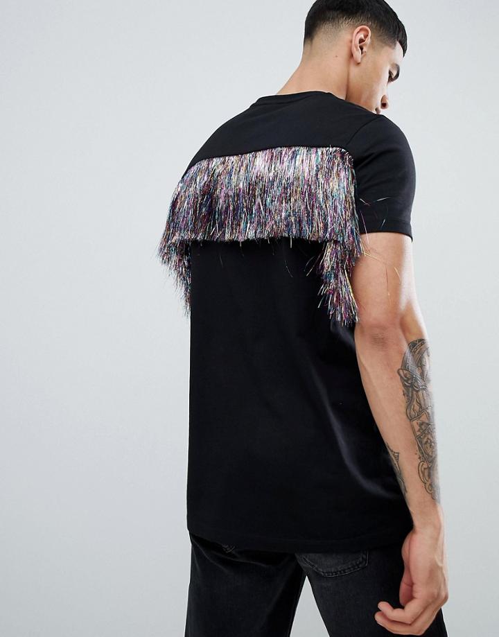 Asos Design Festival Standard Longline T-shirt With Multi-color Fringing Back - Black