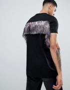 Asos Design Festival Standard Longline T-shirt With Multi-color Fringing Back - Black