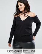Asos Curve Bardot Top With Strappy Detail - Black
