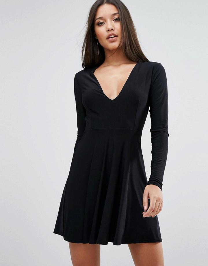 Club L Plunge Front Skater Dress - Black