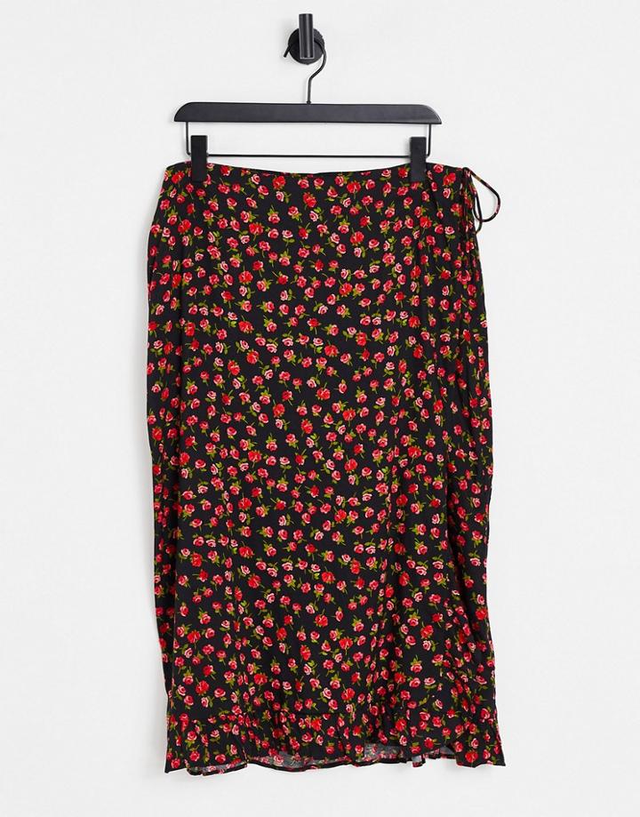 Miss Selfridge Wrap Midi Skirt In Rose Print-black