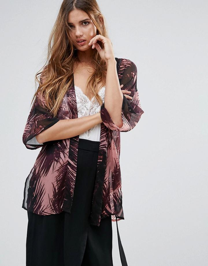 Neon Rose Palm Print Split Kimono - Pink