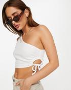 Asos Design Rib One Shoulder Top With Ruched Side In White