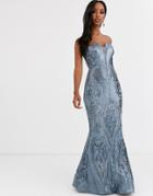 Bariano Bandeau Fitted Sequin Gown In Antique Blue
