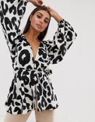 Asos Design Plunge Top With Kimono Sleeve And Belt Detail In Animal Print - Multi