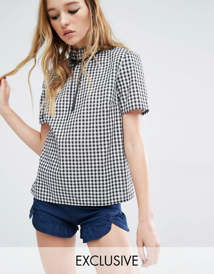 Reclaimed Vintage Liquid Lunch High Neck Top With Bow In Gingham - Black