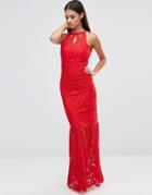 Lipsy Placement Lace Fishtail Maxi Dress - Red