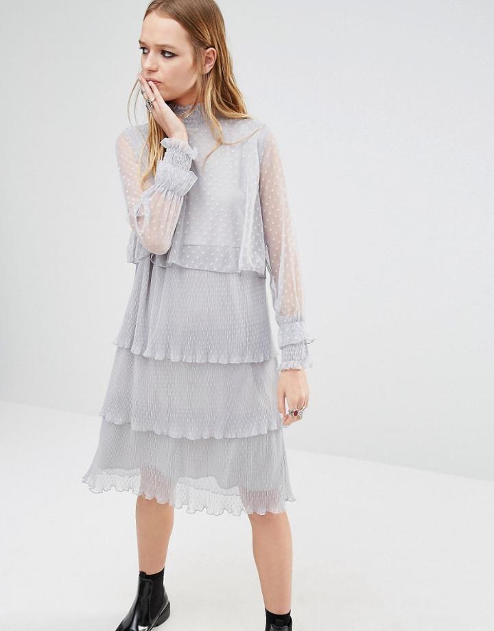 Navy London High Neck Dress With Multi Tiers In Spot Lace - Gray