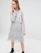 Navy London High Neck Dress With Multi Tiers In Spot Lace - Gray