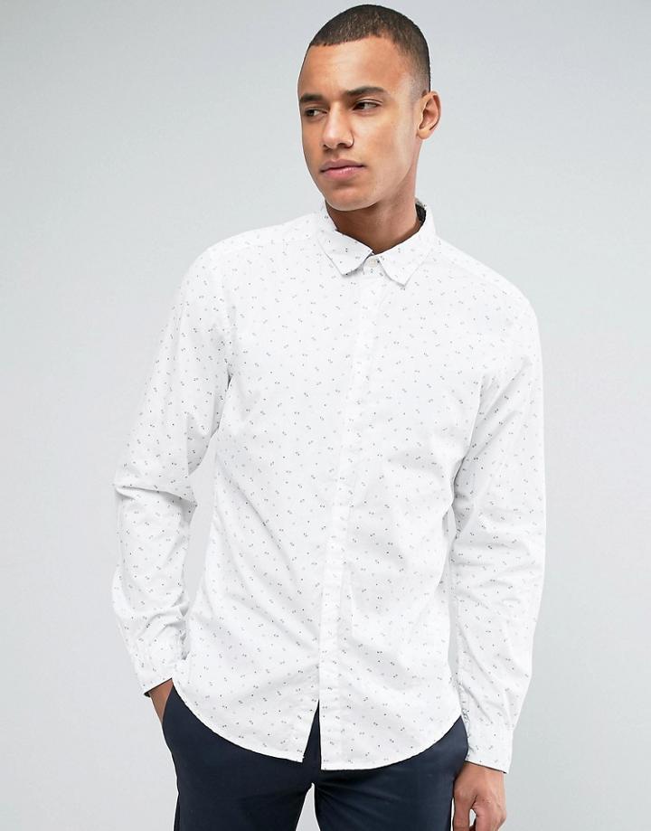 Esprit Slim Fit Long Sleeve Shirt With All Over Ditsy Print - White