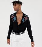 Heart & Dagger Drapey Shirt With Floral Embroidery Print In Long Sleeve - Black