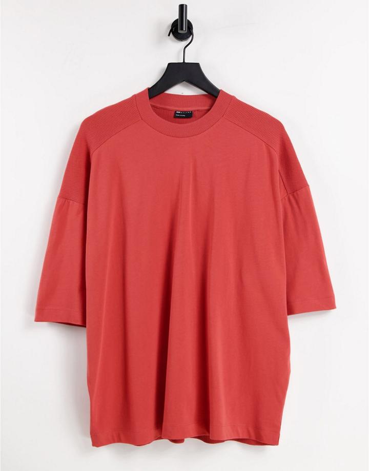 Asos Design Oversized Half Sleeve Cut & Sew Waffle T-shirt In Washed Red