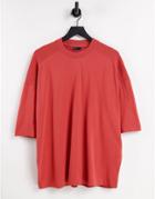 Asos Design Oversized Half Sleeve Cut & Sew Waffle T-shirt In Washed Red