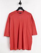 Asos Design Oversized Half Sleeve Cut & Sew Waffle T-shirt In Washed Red