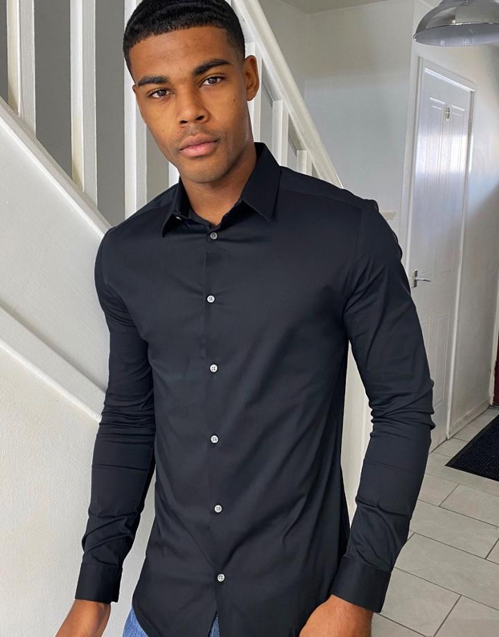 River Island Long Sleeve Muscle Poplin Shirt In Black