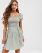 Asos Design Shirred Bodice Square Neck Cotton Mini Smock Dress - Green