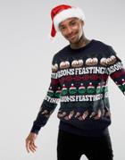 Threadbare Seasons Feastings Holidays Knitted Sweater - Navy