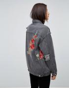Uncivilised Floral Embroidered Destroyed Denim Jacket - Black