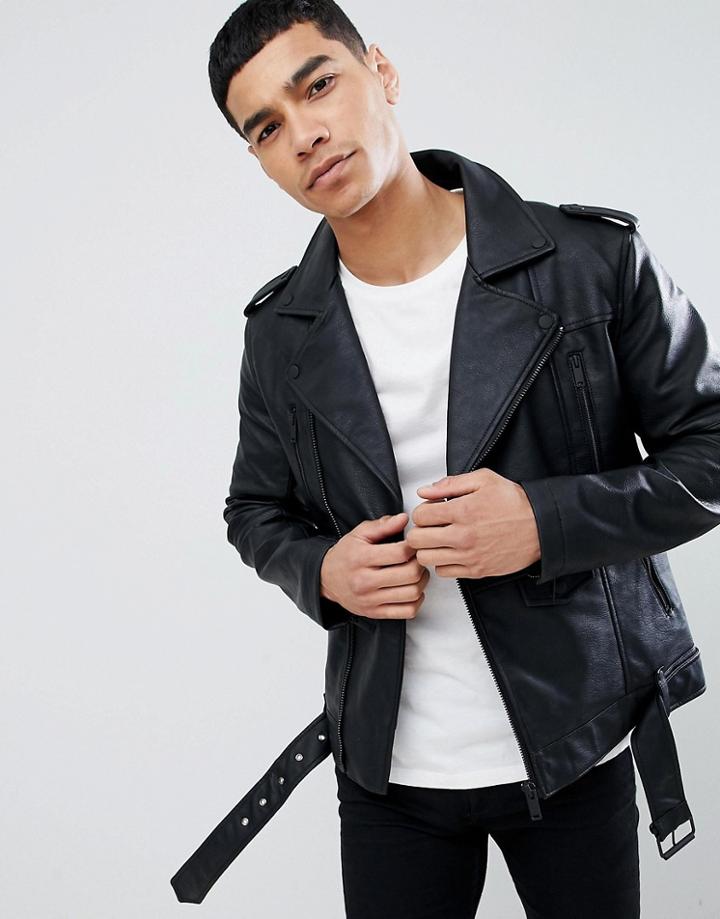 Bershka Faux Leather Biker Jacket In Black - Gray
