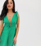 Asos Design Petite Tie Shoulder Plunge Mini Sundress With Shirred Waist - Green
