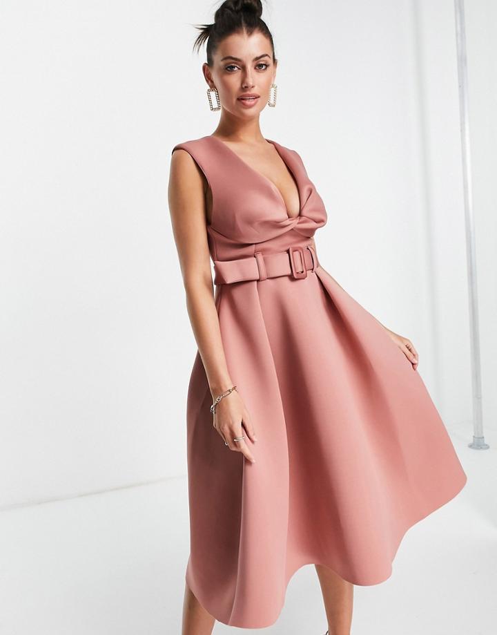 Asos Design Twist Square Neck Belted Prom Skater Midi Dress In Rose-pink