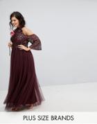 Maya Plus Cold Shoulder Maxi Dress In Tonal Delicate Sequin With Tulle Skirt And Kimono Sleeve - Red