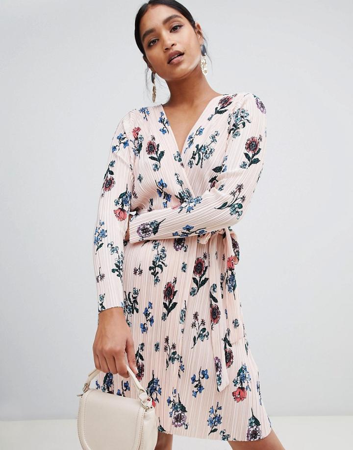 Liquorish Floral Pleated Long Sleeve Wrap Dress - Pink