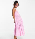 Asos Design Petite Eyelet Strappy Midi Dress With Drop Waist In Bubblegum Pink