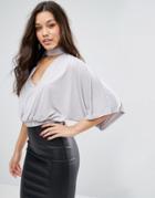 Asos Top In Slinky With Choker Plunge Neck - Gray