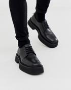 Asos Design Lace Up Square Toe Shoes In Black Leather With Block Color Chunky Sole