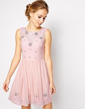 Frock And Frill Sleeveless Mini Skater Dress With Embellishment - Pale Pink/silver