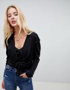 Asos Design Knot Front Blouse With Ruched Sleeve Detail - Black