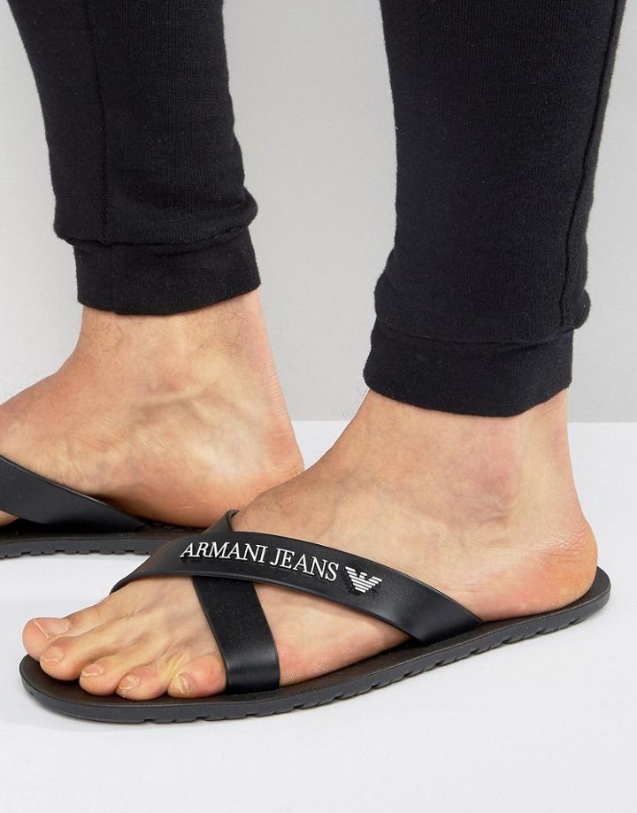 Armani Jeans Logo Cross Over Flip Flops In Black - Black
