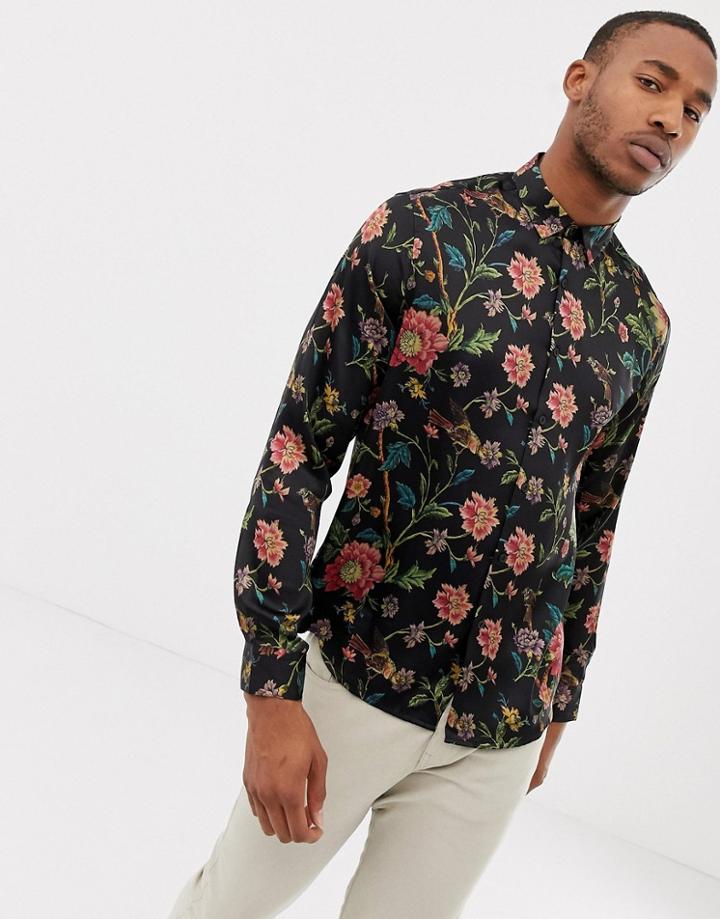 Asos Design Regular Fit Floral Satin Shirt In Black - Black