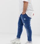 Asos Design Plus Spray On Jeans With Power Stretch In Mid Wash Blue With Abrasions - Blue