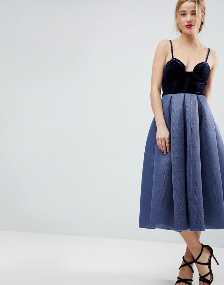 Asos Premium Airtex Velvet Bodice Midi Prom Dress - Blue