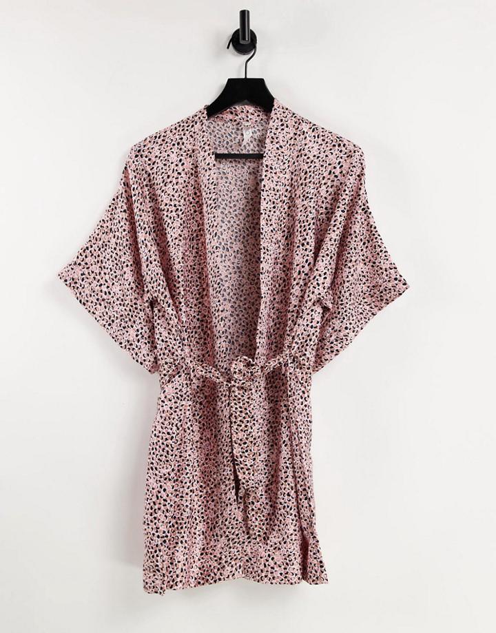 Cotton: On Satin Kimono Robe In Spot Print-pink