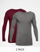 Asos Extreme Muscle Long Sleeve T-shirt With Boat Neck 2 Pack In Red & Gray Save 19%