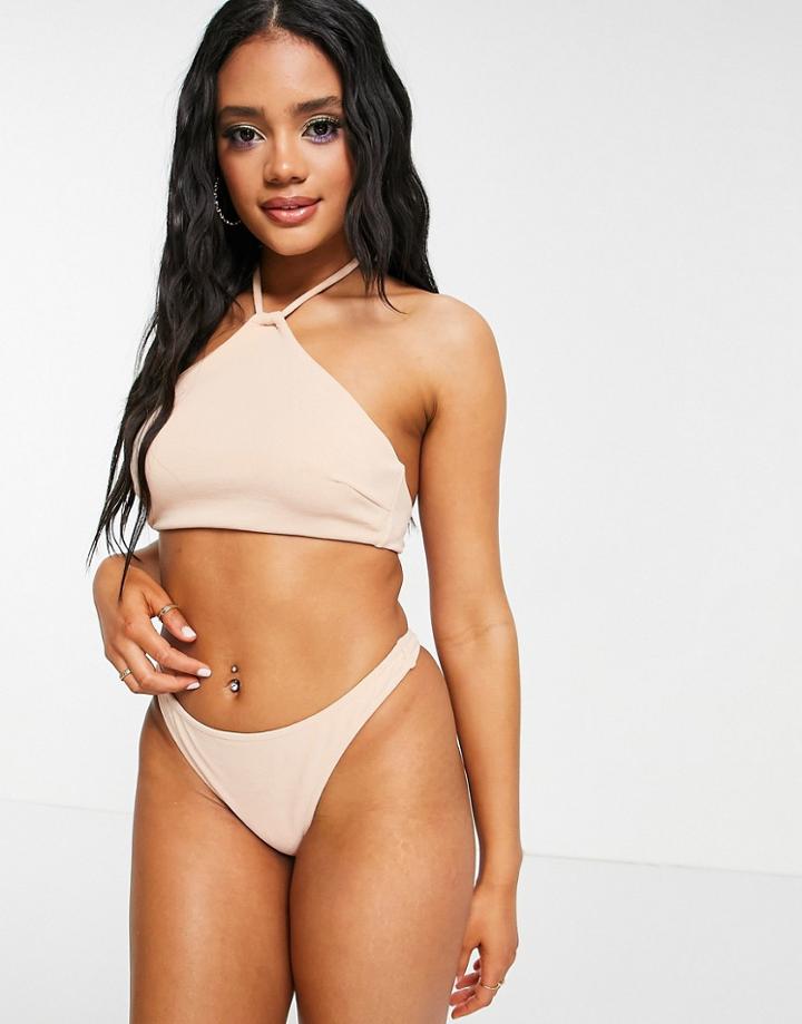 Asos Design Mix And Match Terrycloth Halter Tie Back Bikini Top In Sand-neutral