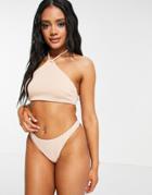 Asos Design Mix And Match Terrycloth Halter Tie Back Bikini Top In Sand-neutral
