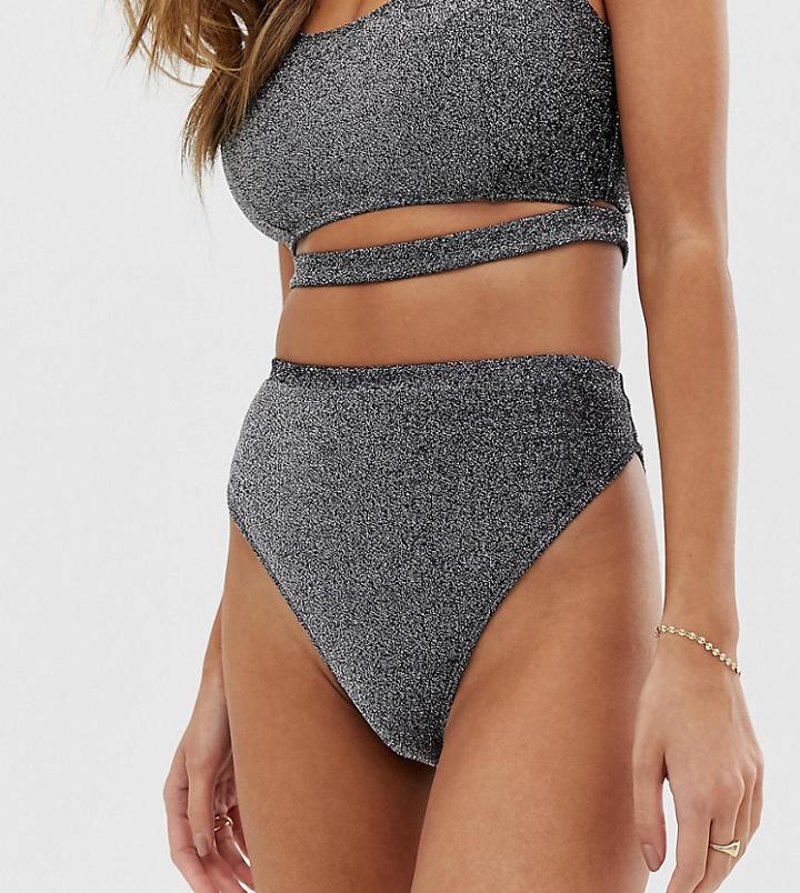 Wolf & Whistle Exclusive High Leg Bikini Bottom In Silver Glitter