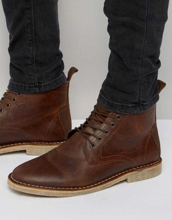 Asos Design Desert Boots In Tan Leather With Suede Detail