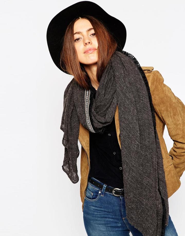 Asos Scarf With Geo-tribal Trim Fringe Detail - Gray