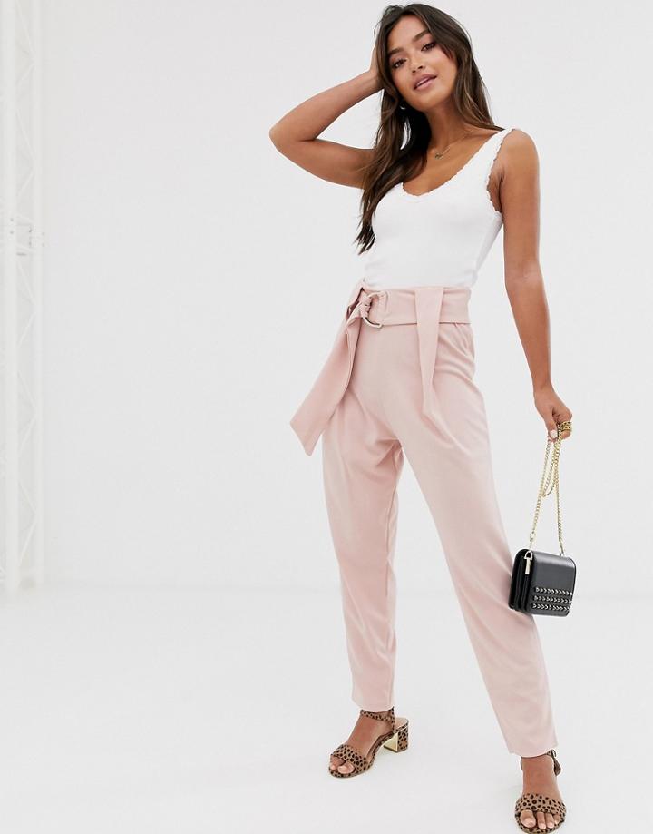 Asos Design Crepe Peg Pants With D Ring Buckle - Pink