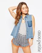 Asos Petite Denim Sleeveless Shirt With Raw Edge And Shadow Pocket - Blue